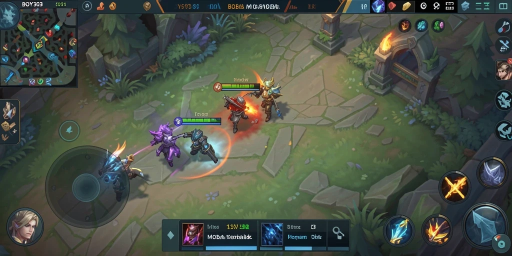 Tangkapan layar gameplay intens dari BOY303 di arena MOBA.