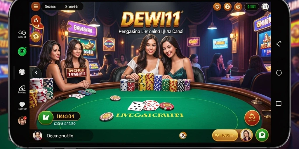 Screenshot gameplay DEWI11 menampilkan dealer profesional dan suasana kasino yang hidup.