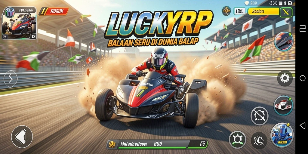 Gameplay mendebarkan LUCKYRP dengan mobil balap penuh kecepatan.