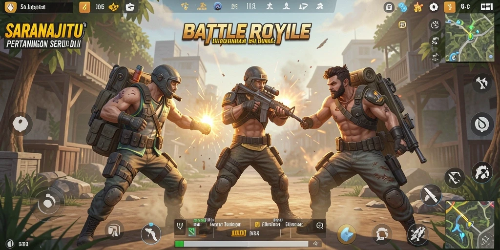 Tangkapan layar gameplay intens dari SARANAJITU di medan perang Battle Royale.