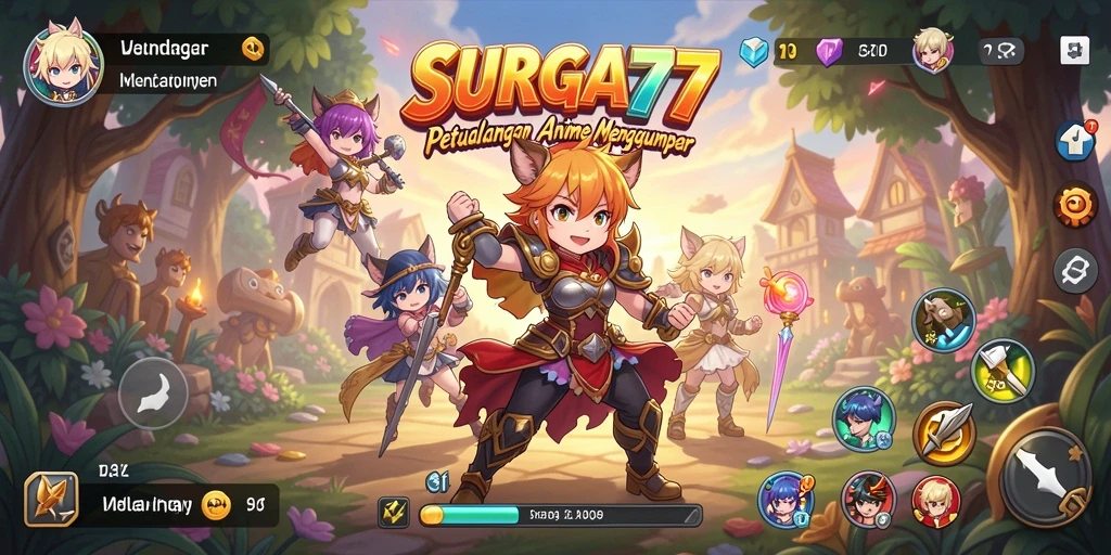 Tampilan gameplay SURGA77 yang penuh aksi dan karakter Anime.