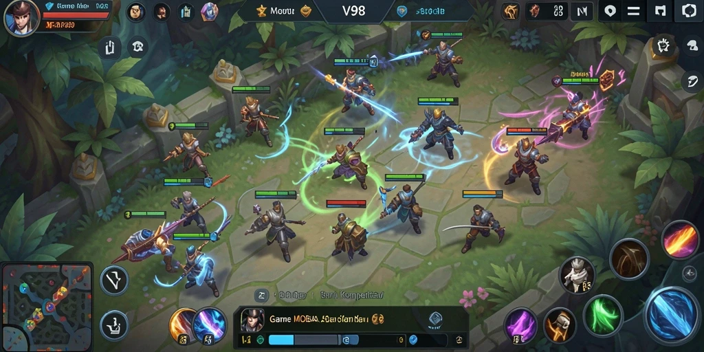 Tangkapan layar V98 menampilkan aksi seru dalam pertempuran MOBA.