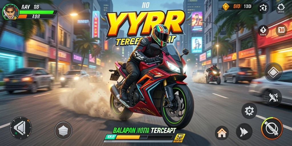 Tampilan gameplay seru dalam balapan motor YYRR yang menegangkan.